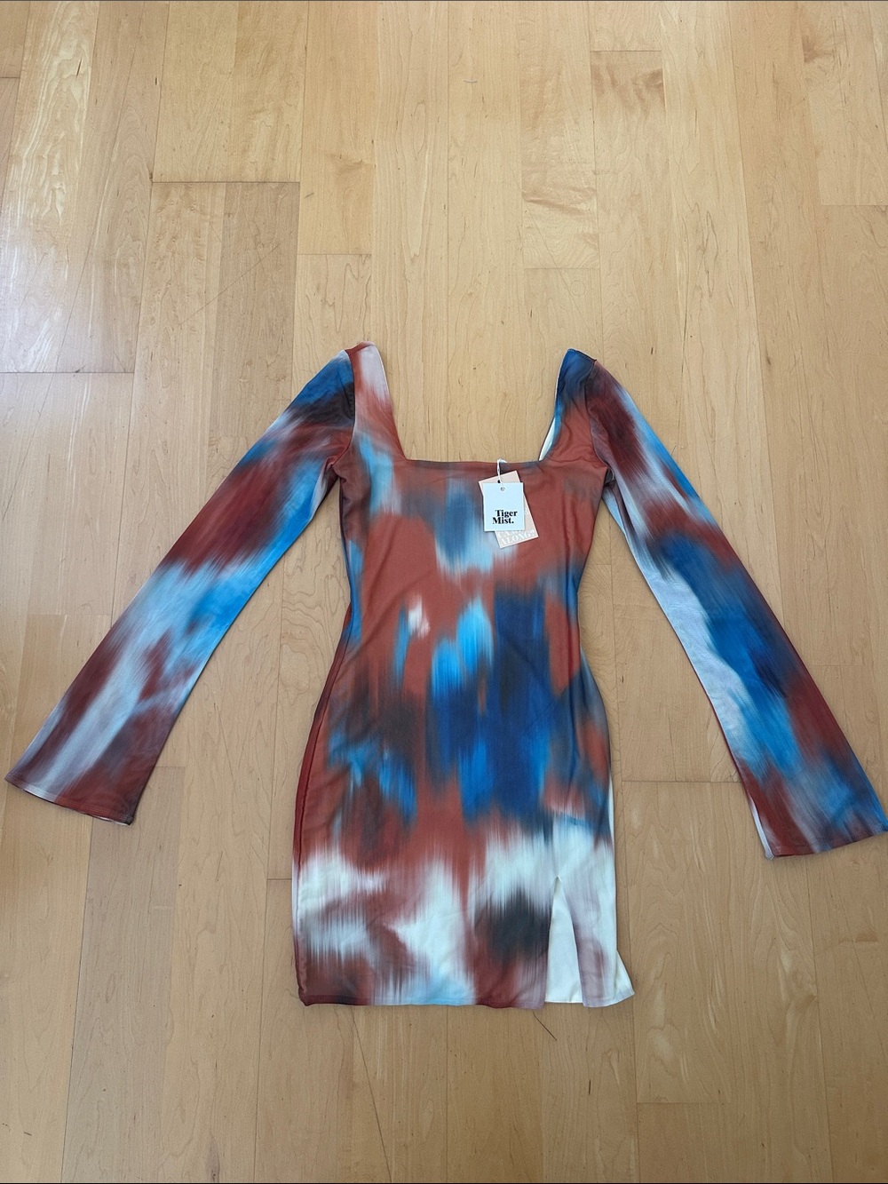 Tiger Mist Tie-Dye Long Sleeve Mini Dress in Blue, Rust & White